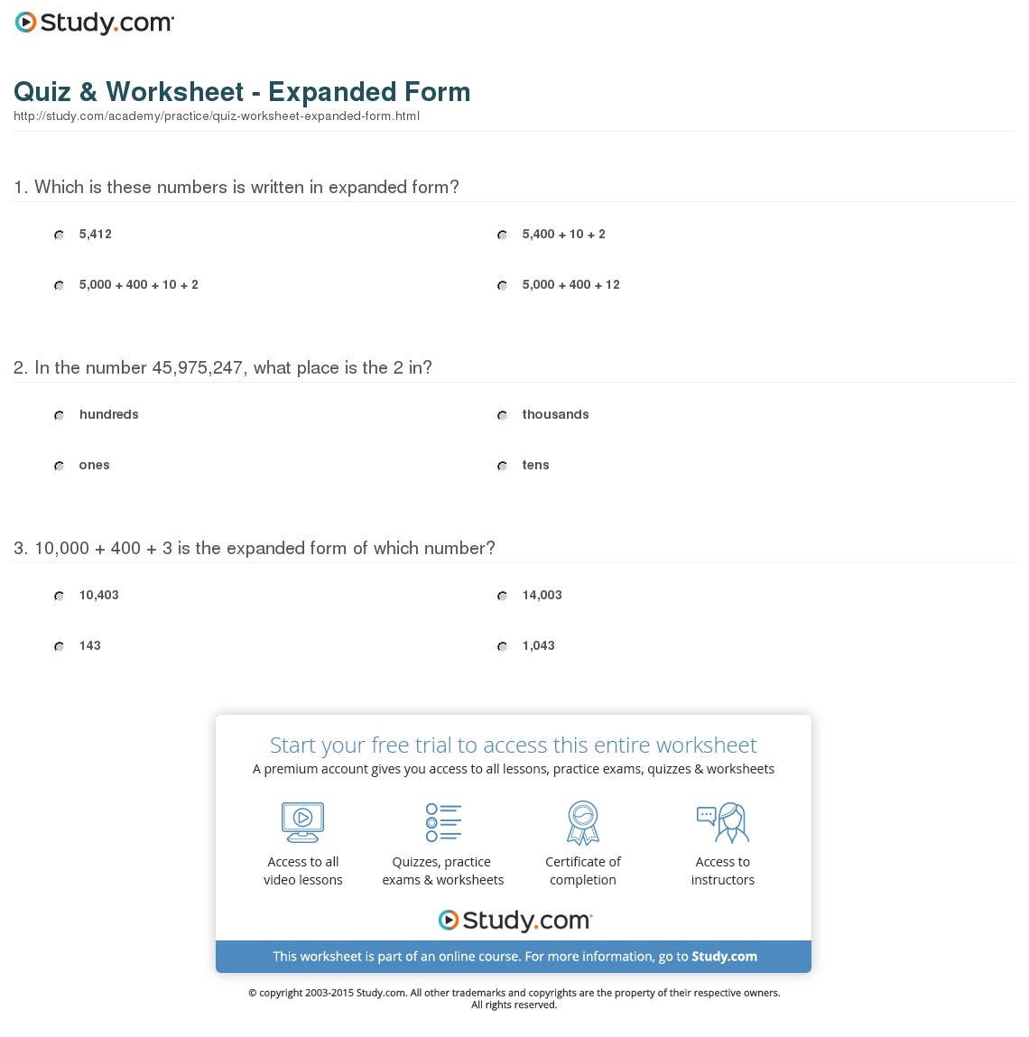 Quiz &amp;amp; Worksheet - Expanded Form | Study - Free Printable Expanded Notation Worksheets