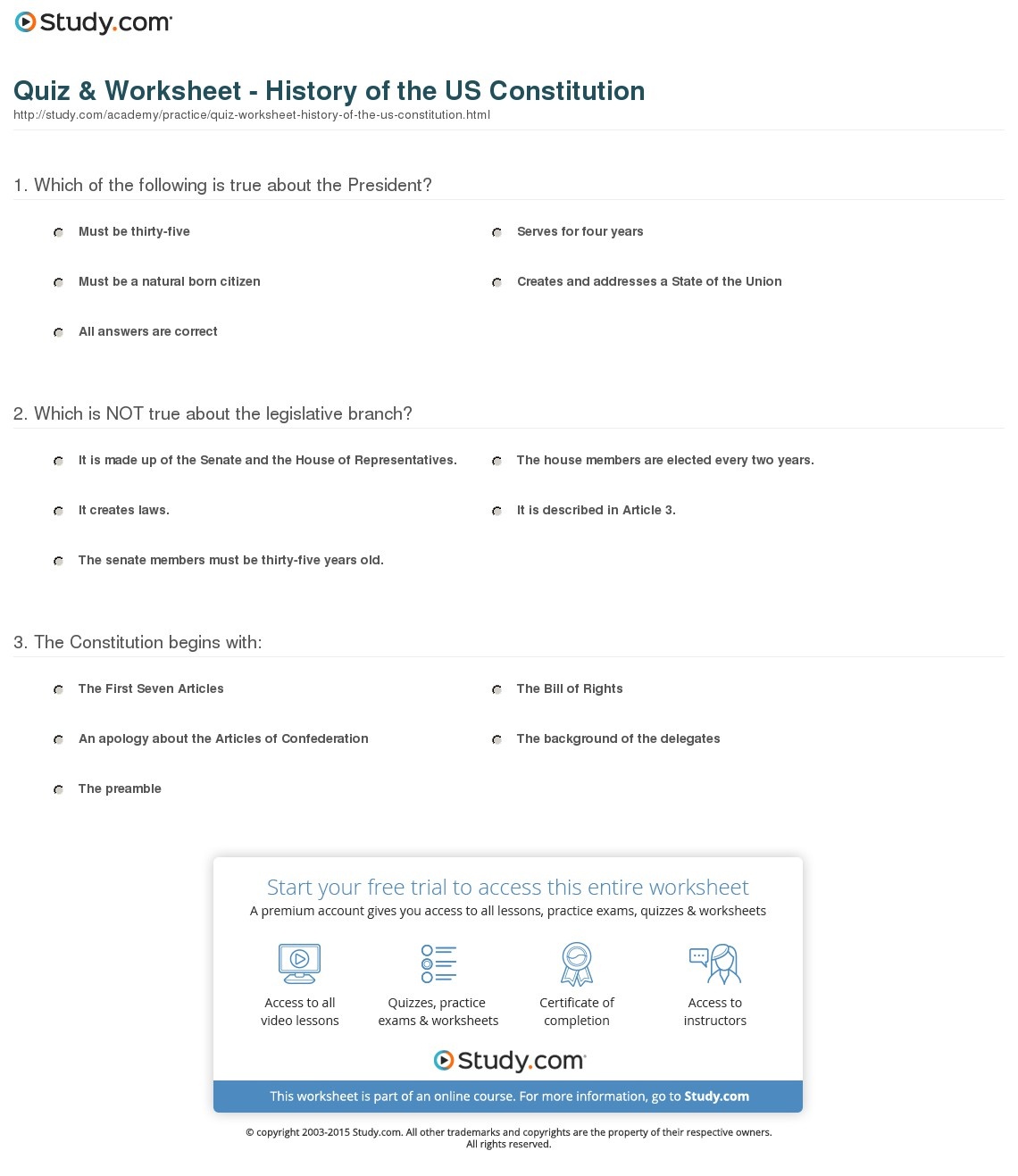 Quiz &amp;amp; Worksheet - History Of The Us Constitution | Study - Free Printable Us Constitution Worksheets
