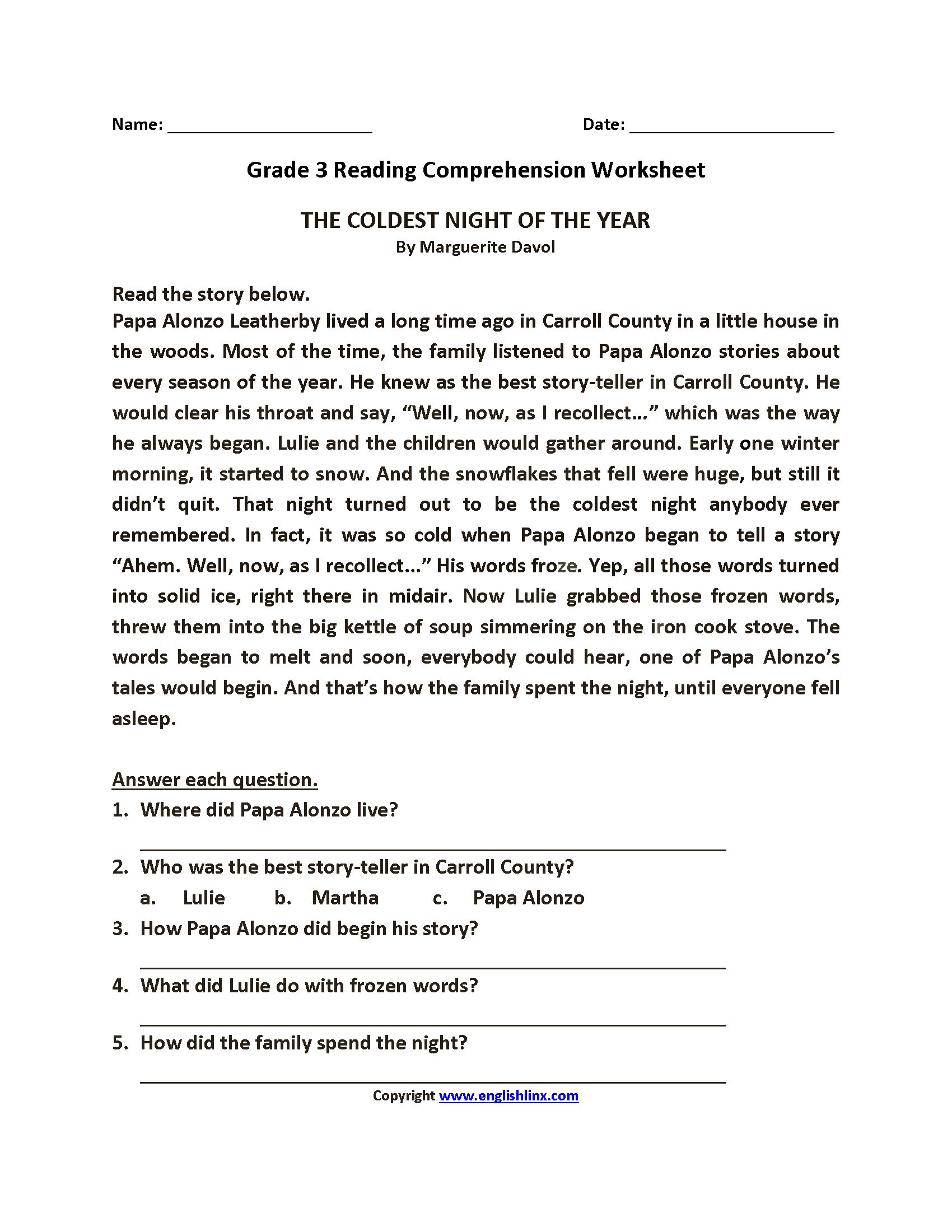 Free Printable 3Rd Grade Reading Worksheets Free Printable