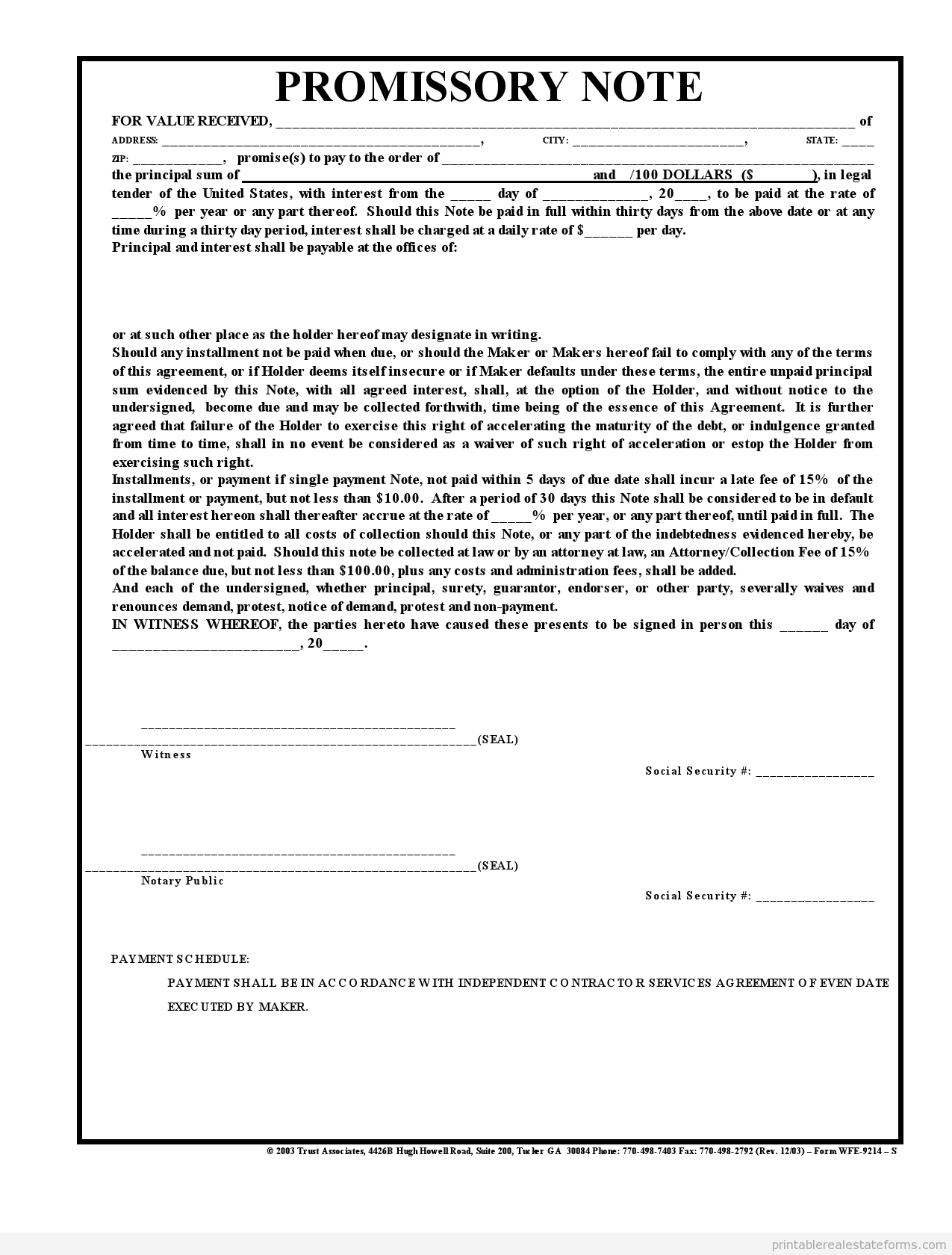 Sample Printable Promissory Note Credit Scedule Form | Sample Real - Free Printable Promissory Note Contract