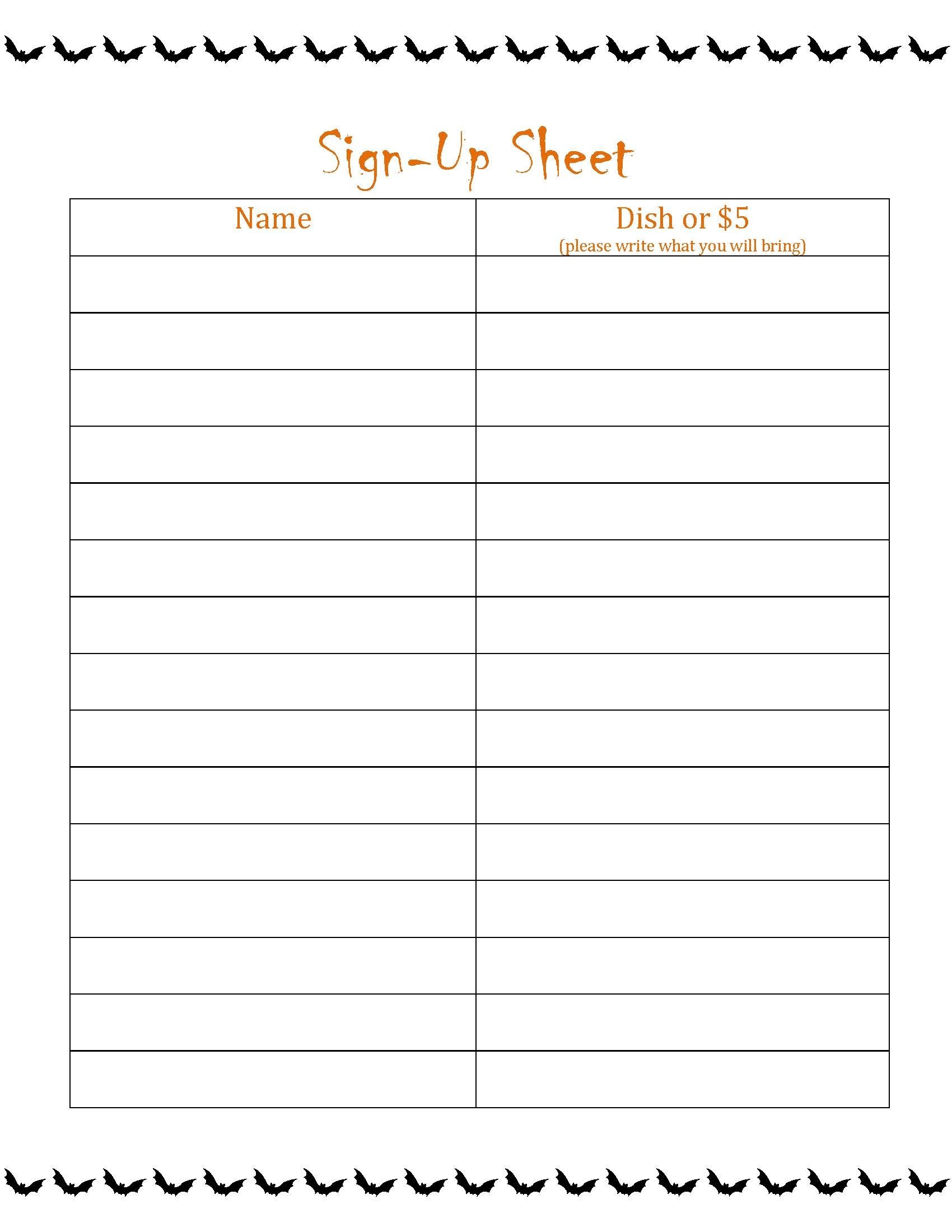 Blanks Potluck Signs Up Sheets
