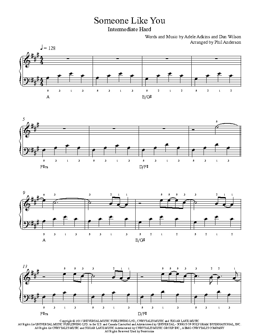 Someone Like Youadele Piano Sheet Music | Intermediate Level - Free Printable Sheet Music Adele Someone Like You
