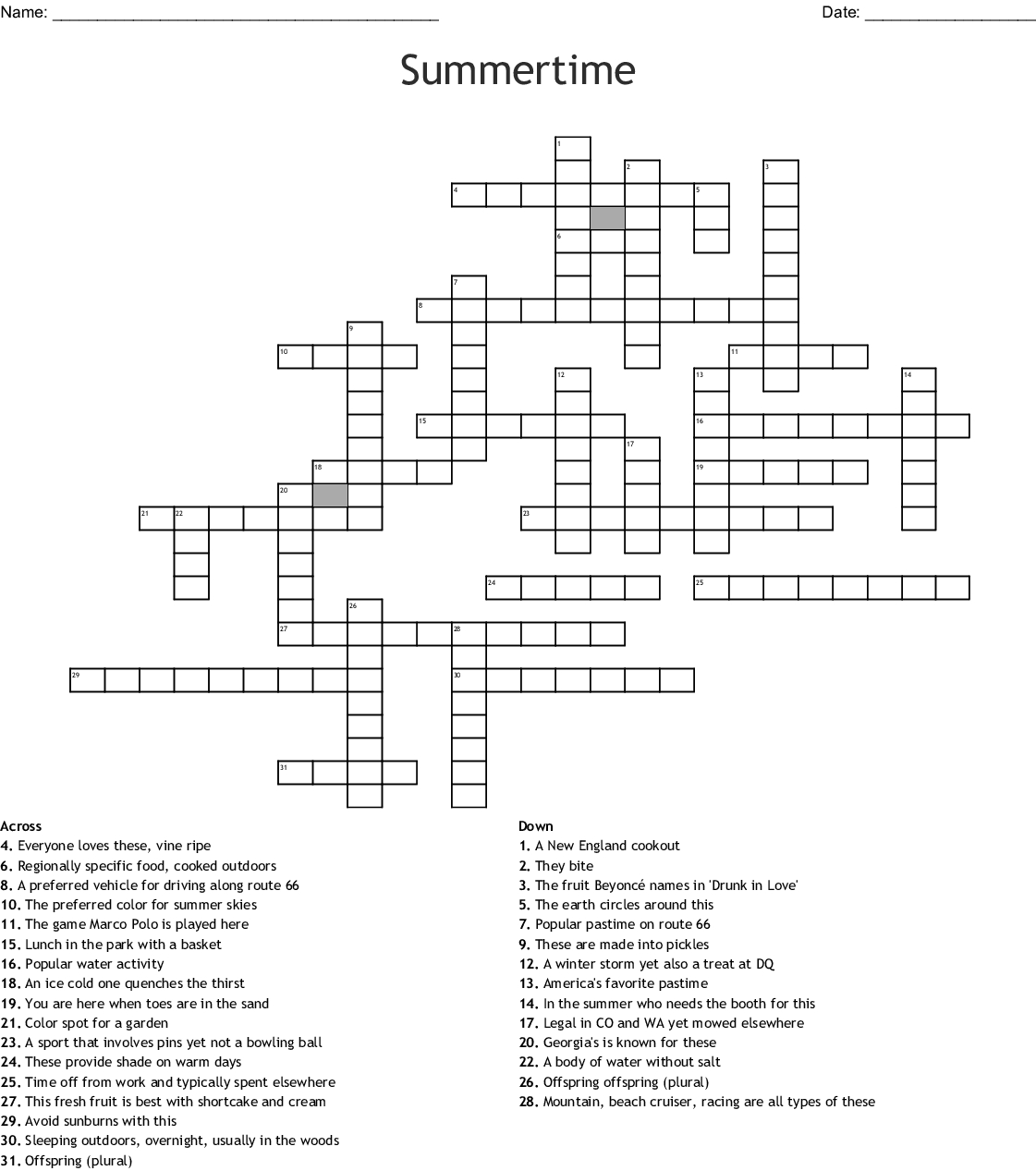 Summer Crossword Puzzle Free Printable Printable Templates