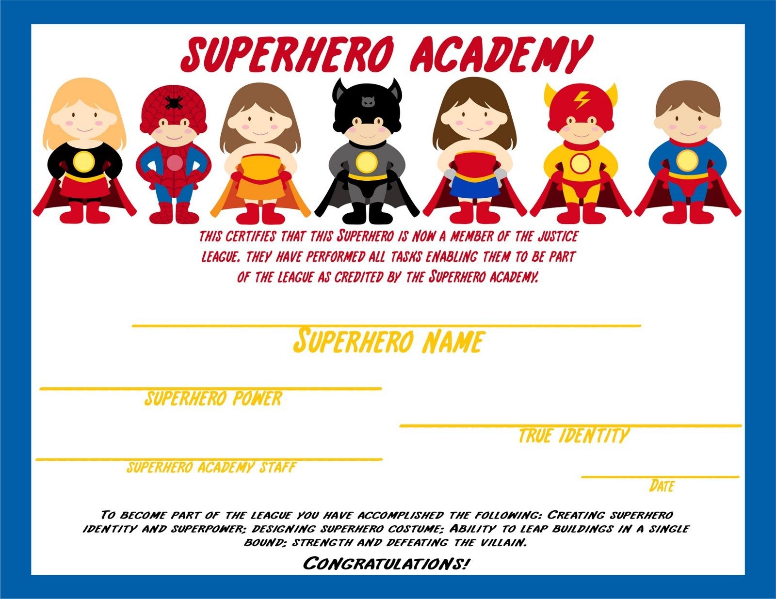 Superhero - Certificate Awarded After Kids Complete Activities - Free Printable Superhero Certificates