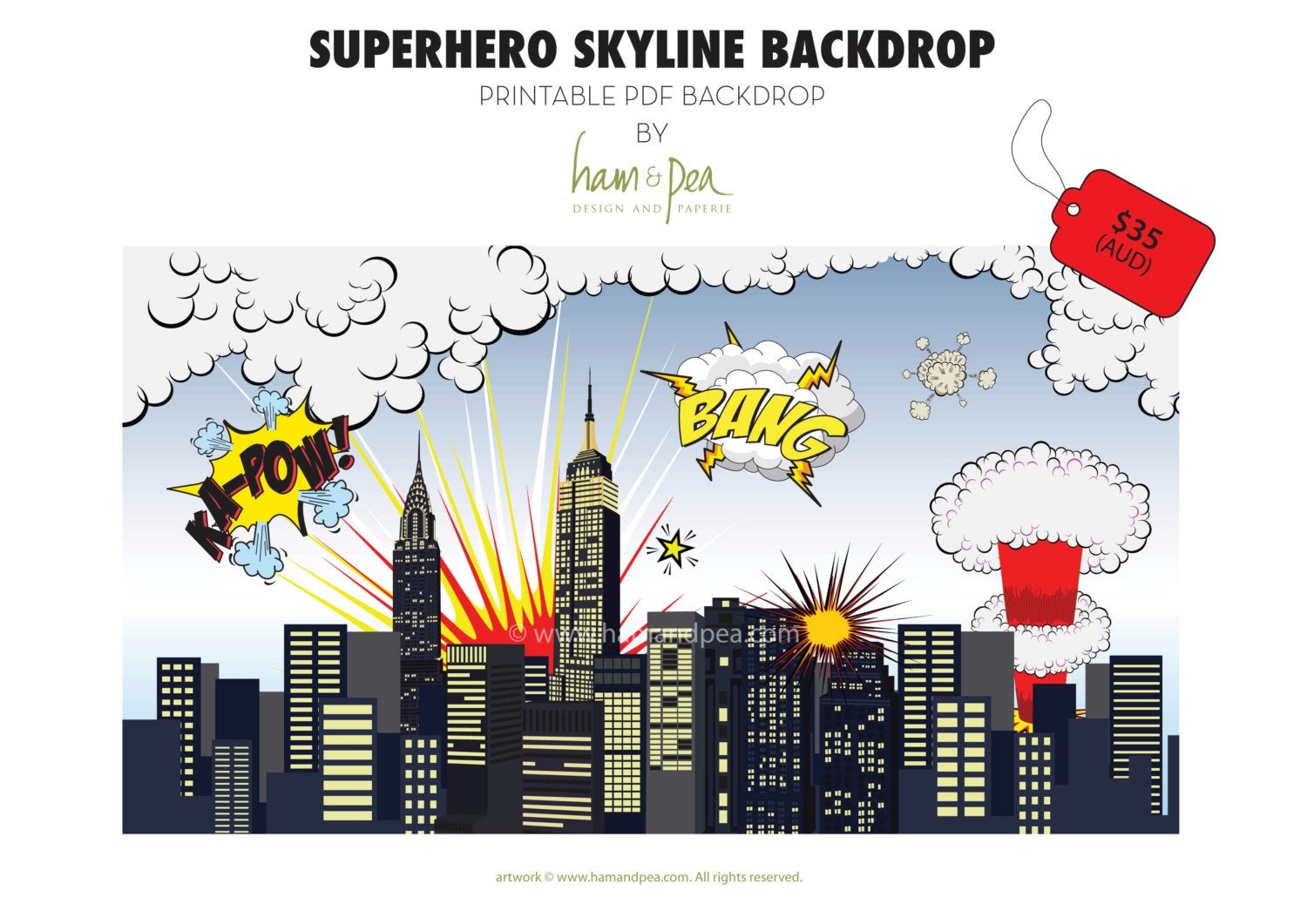 Superhero Skyline Explosion Backdrop Pdf File | Etsy - Free Printable Superhero Skyline