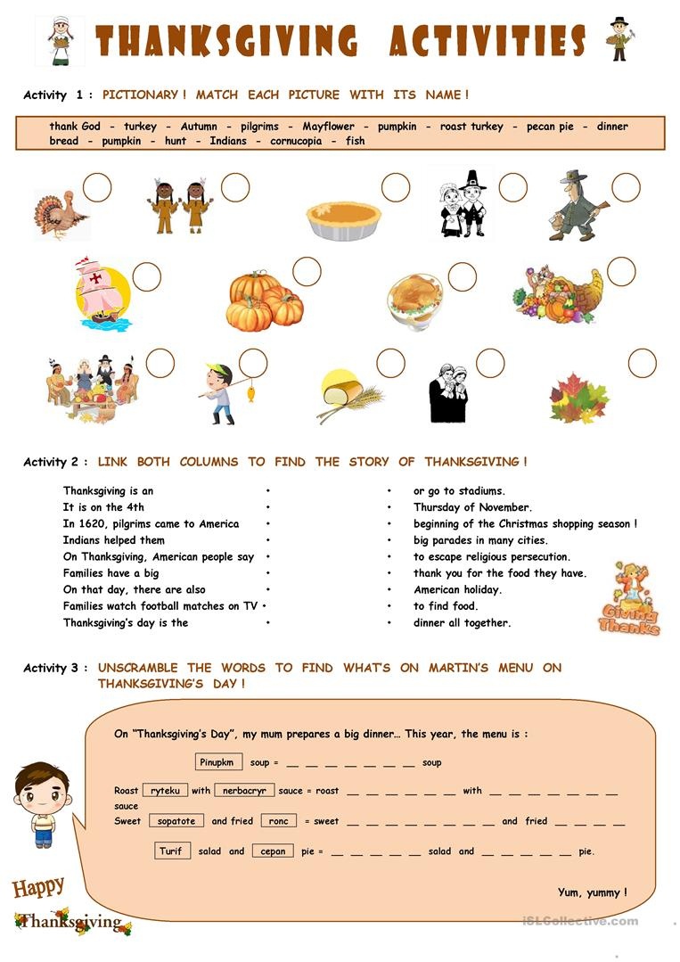Thanksgiving Activities Worksheet - Free Esl Printable Worksheets - Free Printable Esl Resources