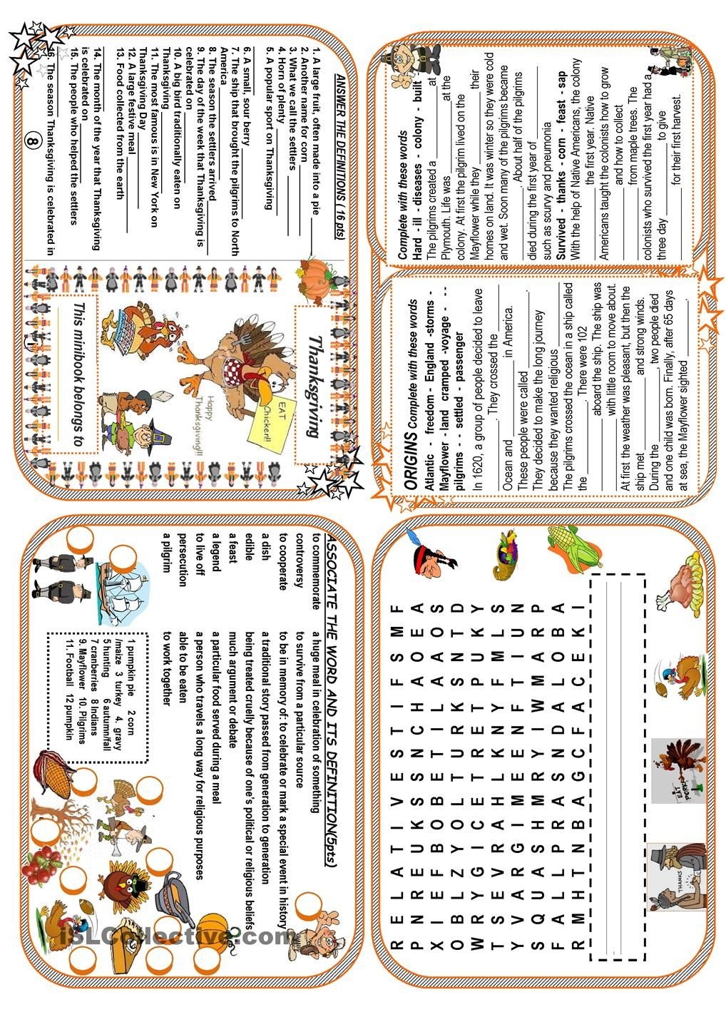 Thanksgiving Minibook | Esl Worksheets Of The Day | Thanksgiving - Free Thanksgiving Mini Book Printable