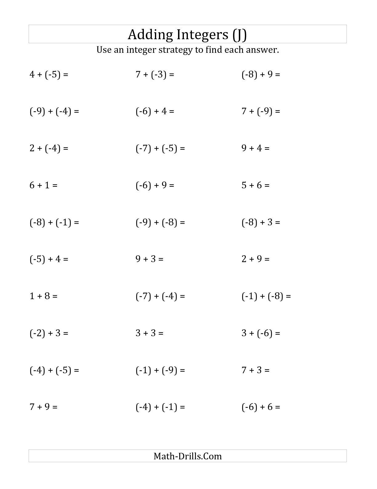 The Adding Integers From (-9) To 9 (Negative Numbers In Parentheses - Free Printable Integer Worksheets Grade 7