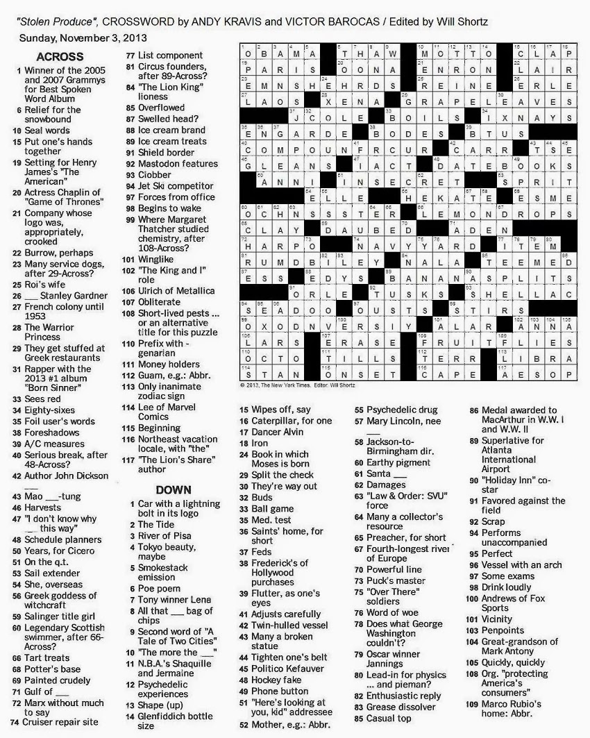 The New York Times Crossword In Gothic: 11.03.13 — Fruit Flies - New York Times Crossword Printable Free