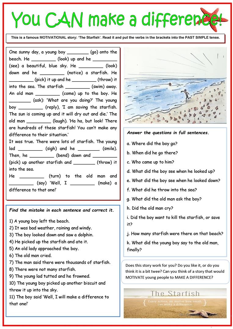 The Starfish Story/you Can Make A Difference! Worksheet - Free Esl - Starfish Story Printable Free