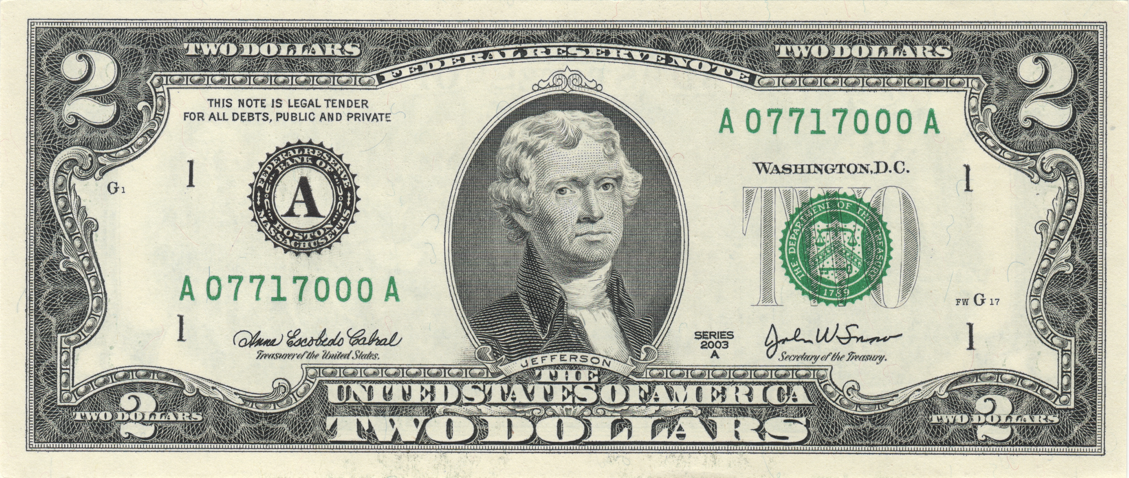 United States Two-Dollar Bill - Wikipedia - Free Printable Play Dollar Bills