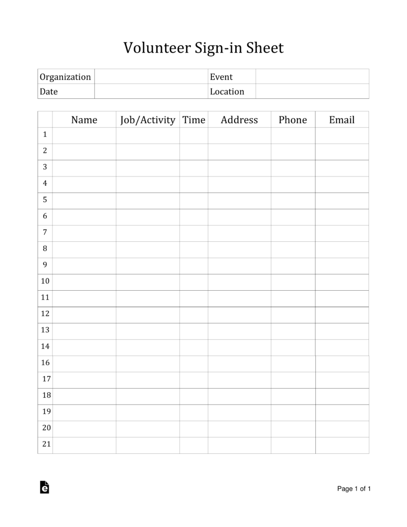 Volunteer Sign-In Sheet Template | Eforms – Free Fillable Forms - Free Printable Volunteer Forms