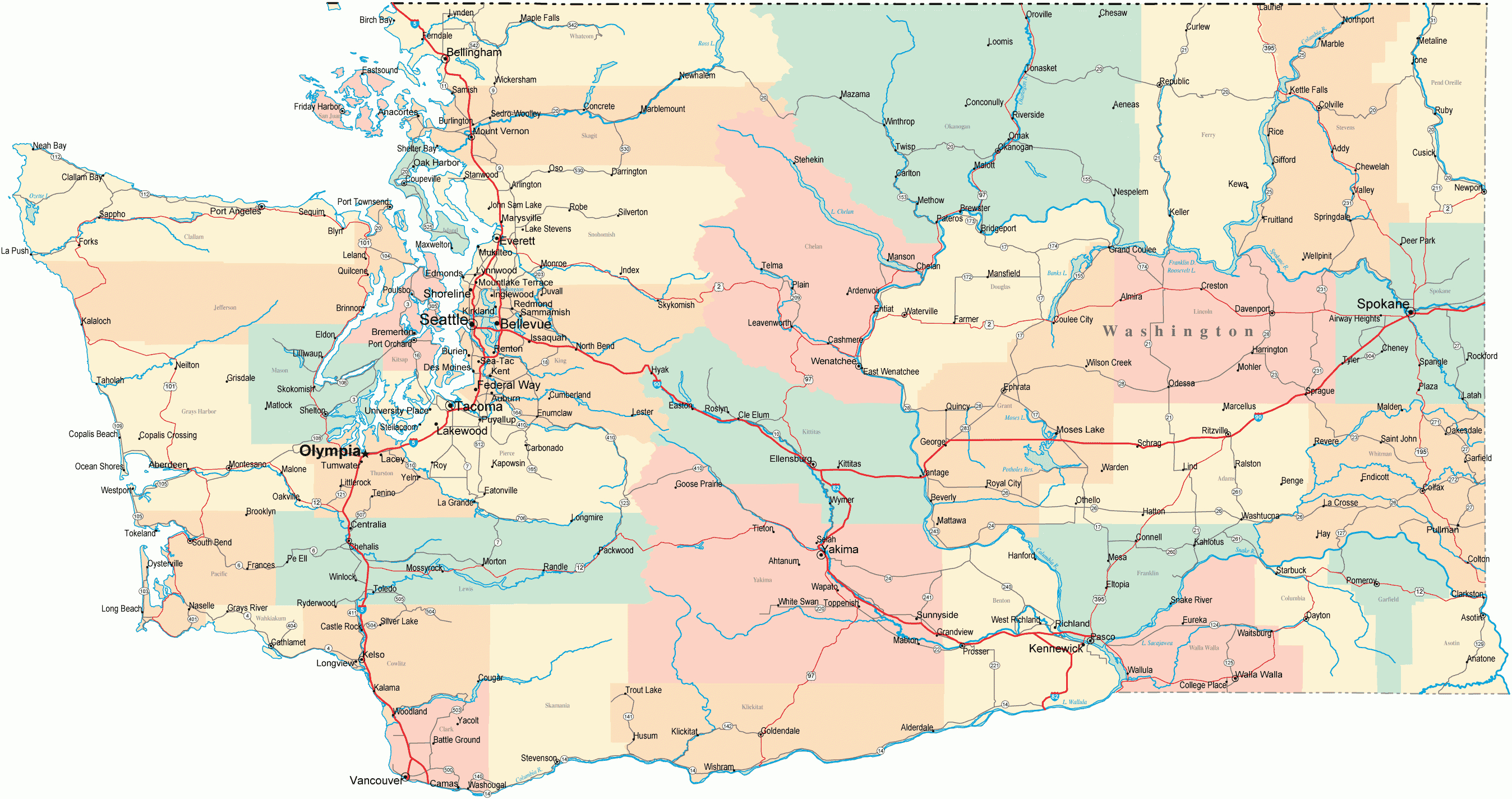 Washington Road Map - Wa Road Map - Washington Highway Map - Free Printable Map Of Washington State