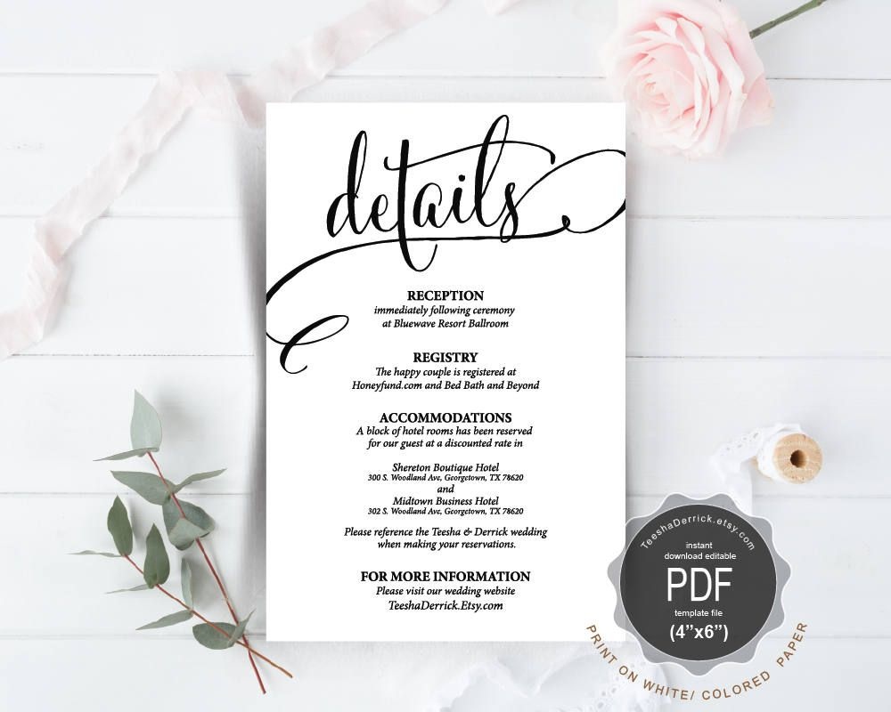 Wedding Details Card Pdf Template, Instant Download Printable - Free Printable Wedding Inserts