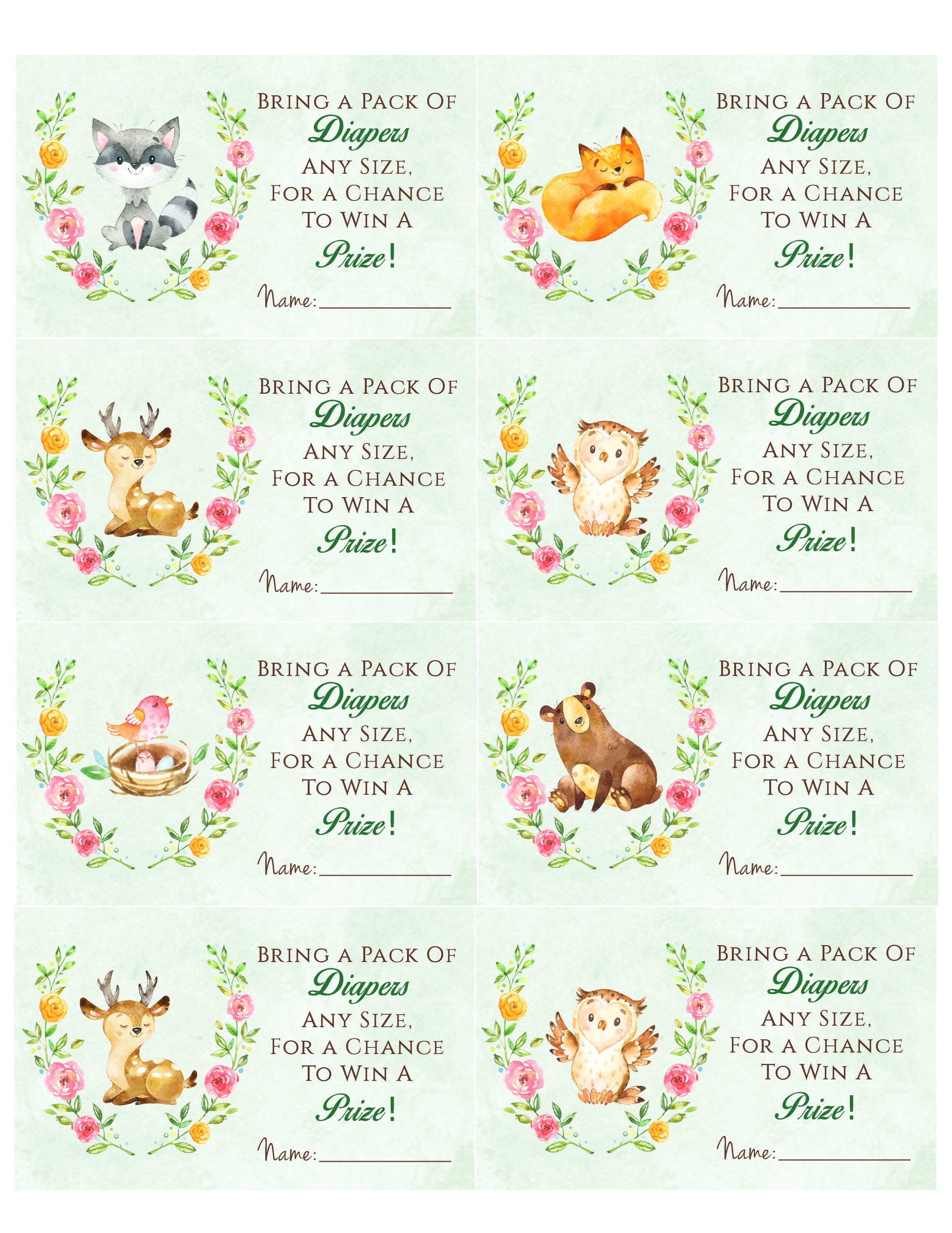 Woodland Animal Baby Shower Diaper Raffle. Free Printable | Birthday - Free Printable Baby Shower Diaper Raffle Tickets