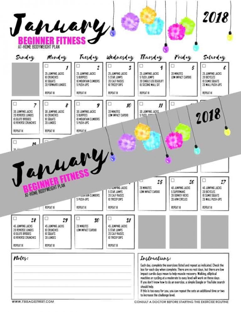 Workout Calendar Beginner Monthly Workout Plan January 2018 Free 