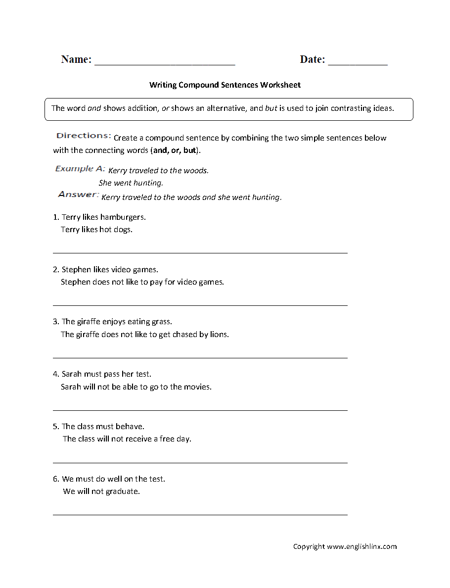 Writing With Compound Sentences Worksheet | English Writing/language - Free Printable Worksheets On Simple Compound And Complex Sentences