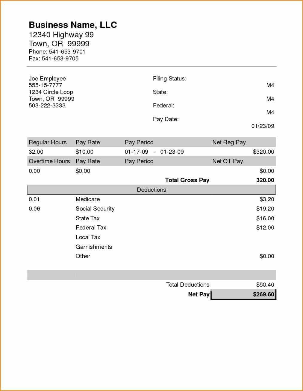 Payroll Pay Stub Template Excel Templates