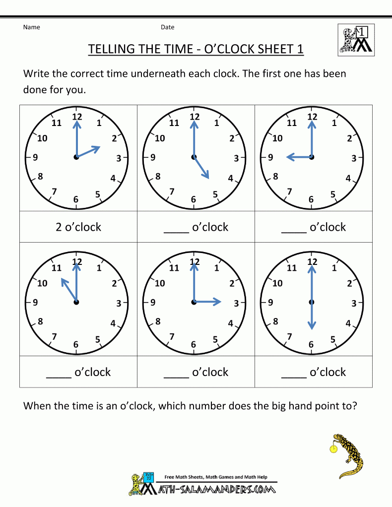 1St Grade Math Worksheets Telling The Time Oclock 1 | Math - K And - Free Printable Telling Time Worksheets For 1St Grade