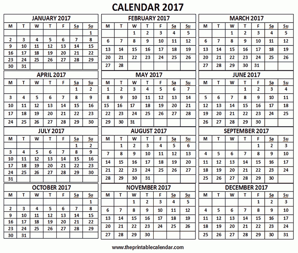 2017 Calendar - 12 Months Calendar On One Page - Free Printable Calendar - Free 2017 Printable
