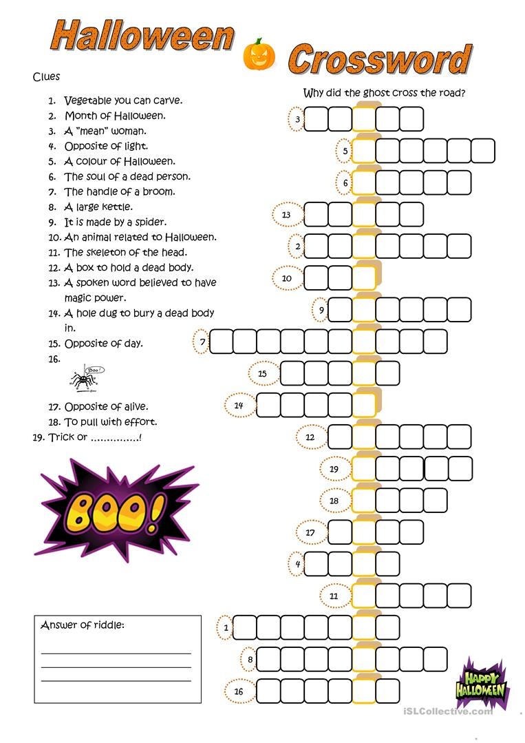 23 Free Esl Halloween Crossword Worksheets - Halloween Puzzle Printable Free