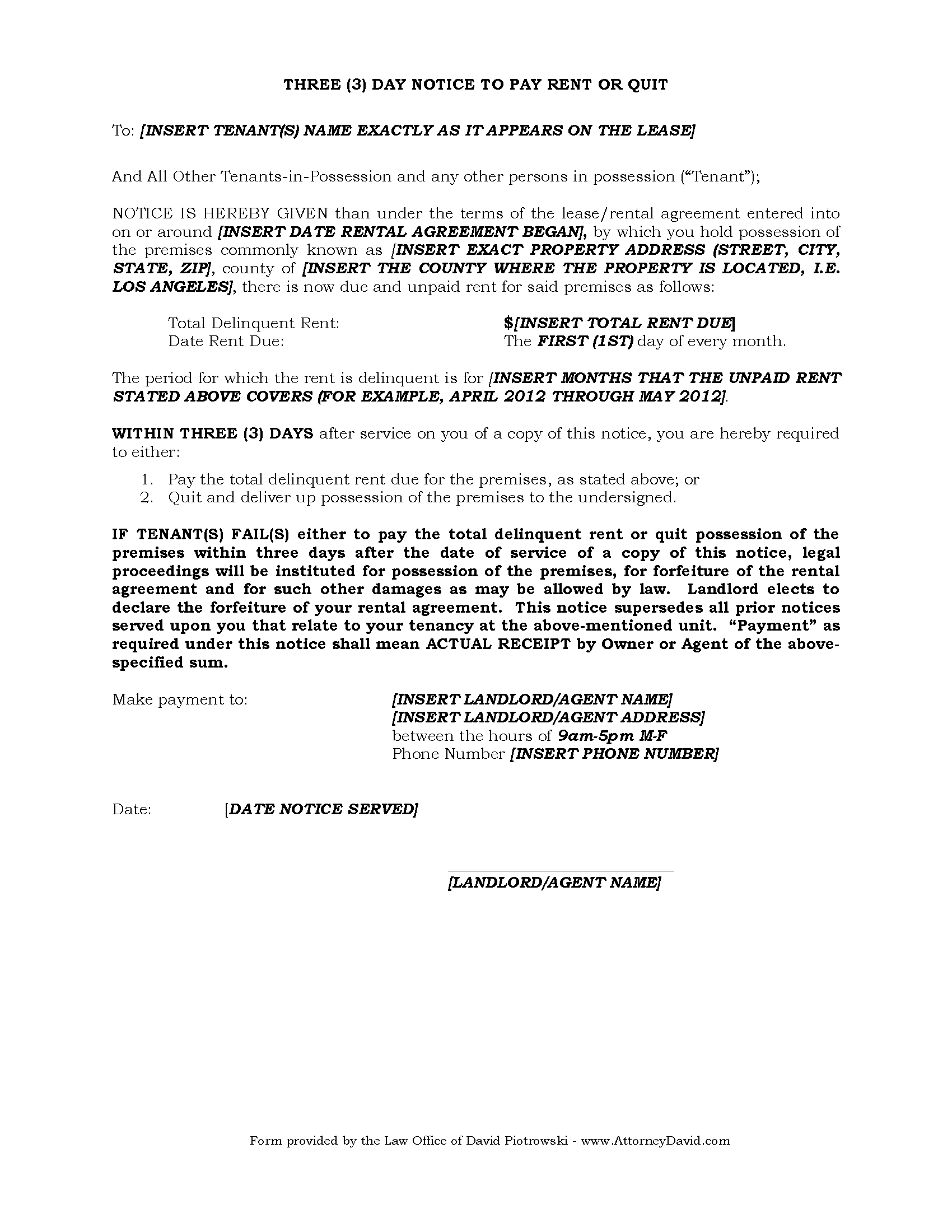 3 Day Eviction Notice For Non-Payment Of Rent In California - Free! - Free Printable 3 Day Eviction Notice