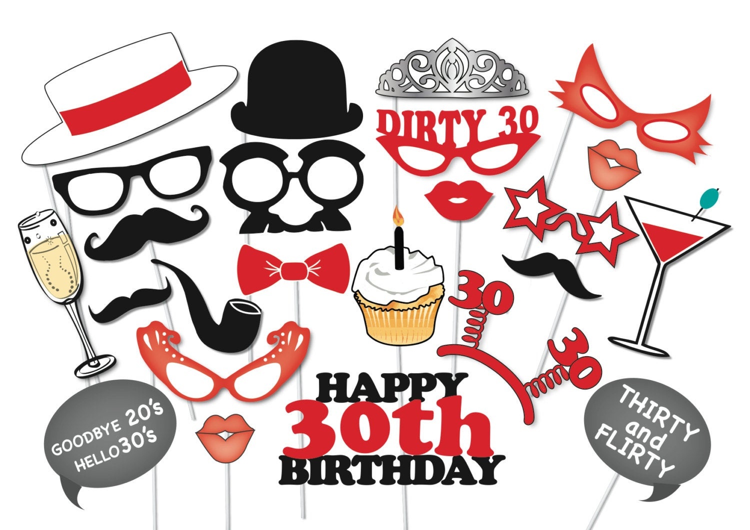 30Th Birthday Photobooth Party Props Set 26 Piece Printable | Etsy - Free Printable 30Th Birthday Photo Booth Props