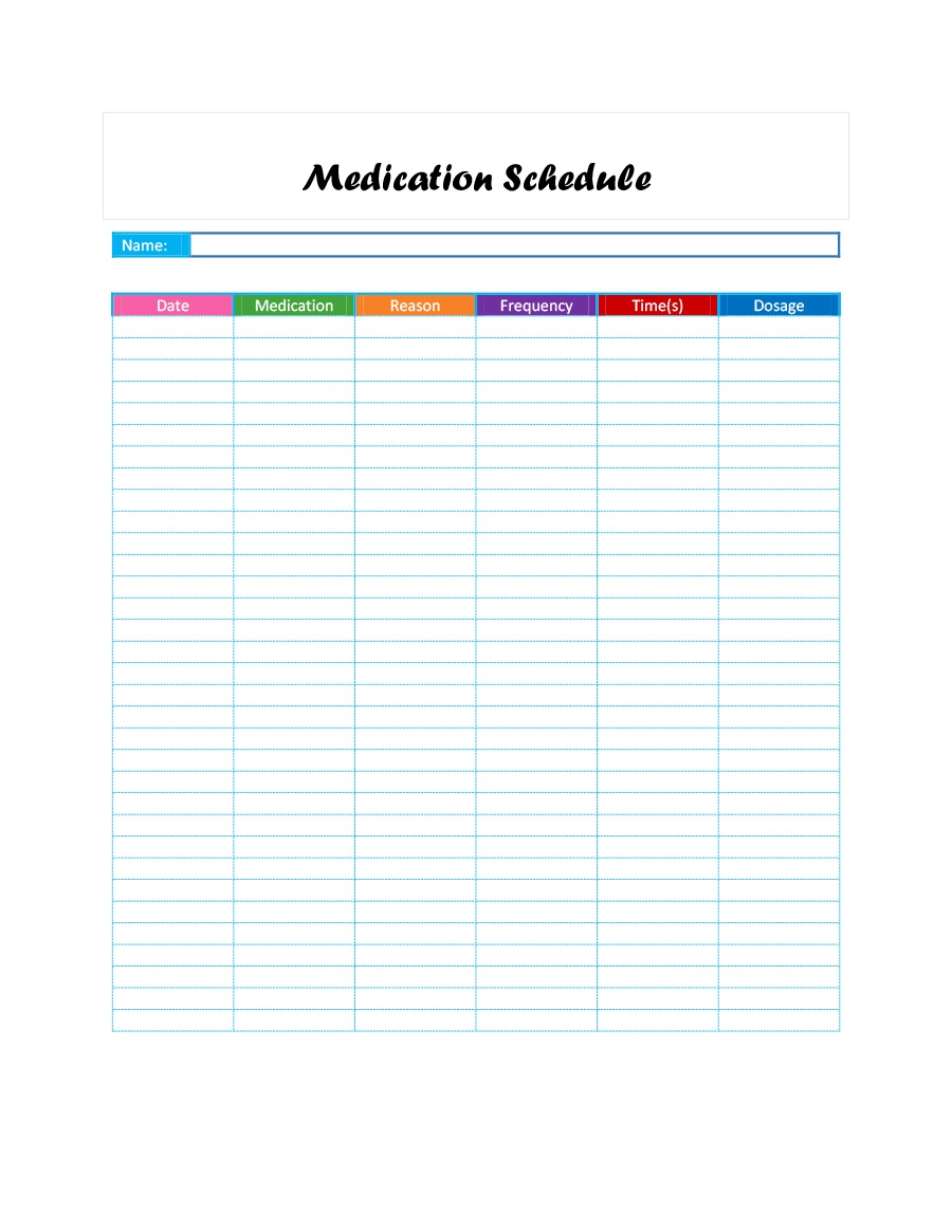 40 Great Medication Schedule Templates (+Medication Calendars) - Free Printable Medication List Template