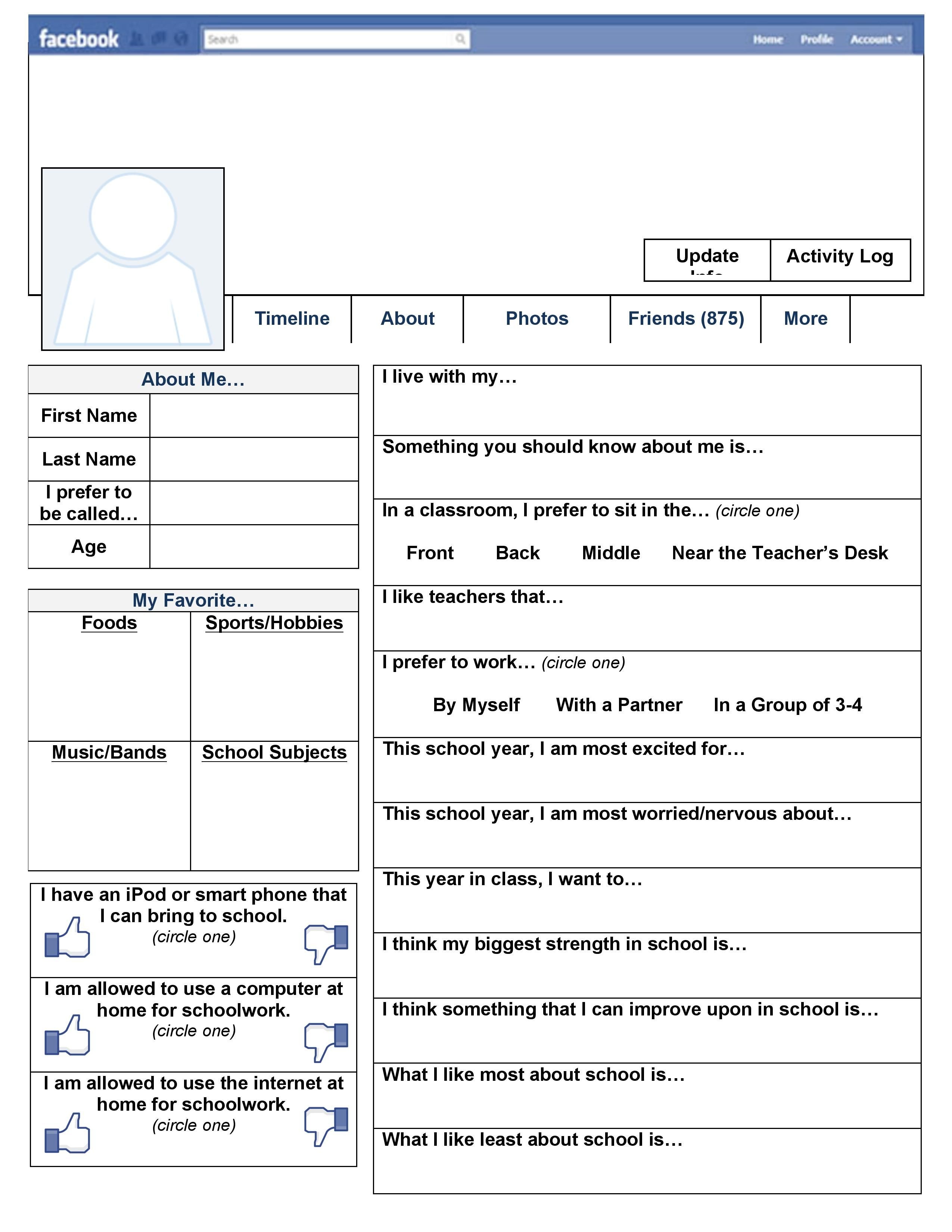 A Free Printable &amp;quot;facebook&amp;quot; Page To Use On The First Day Of School - Make A Printable Survey Free