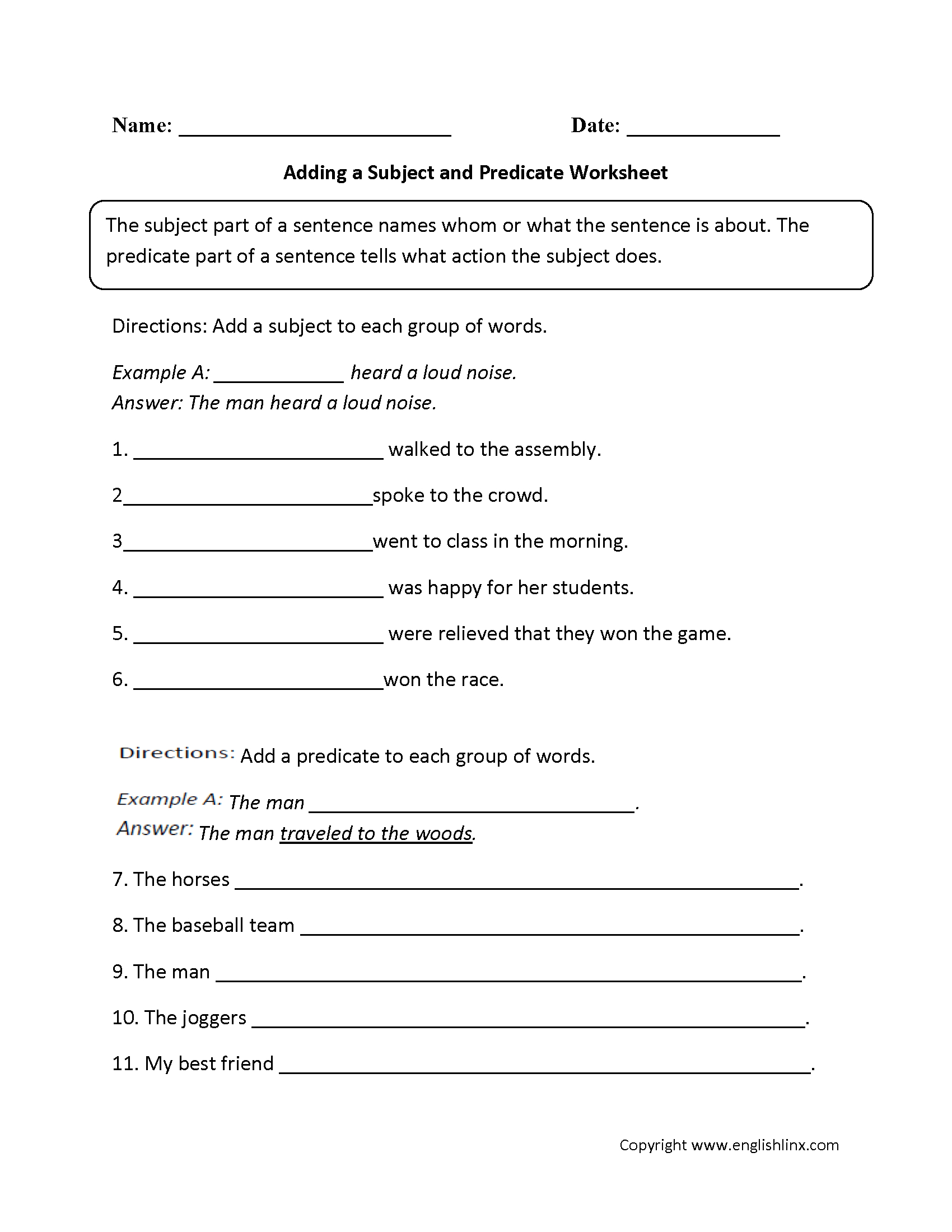 Free Printable Subject Predicate Worksheets 2Nd Grade Free Printable