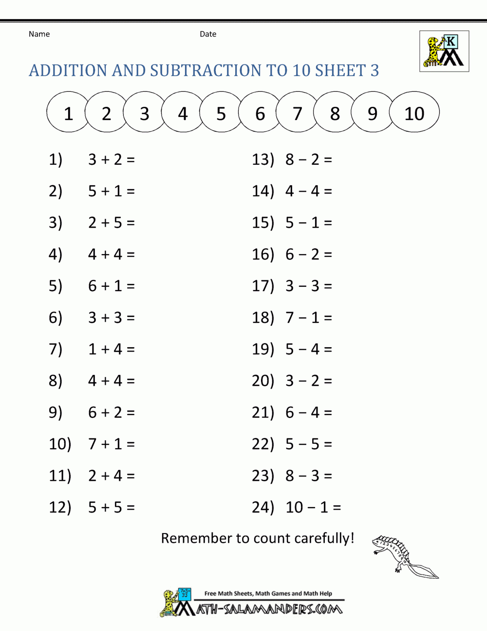 Addition And Subtraction Worksheets For Kindergarten - Free Printable Math Worksheets Addition And Subtraction