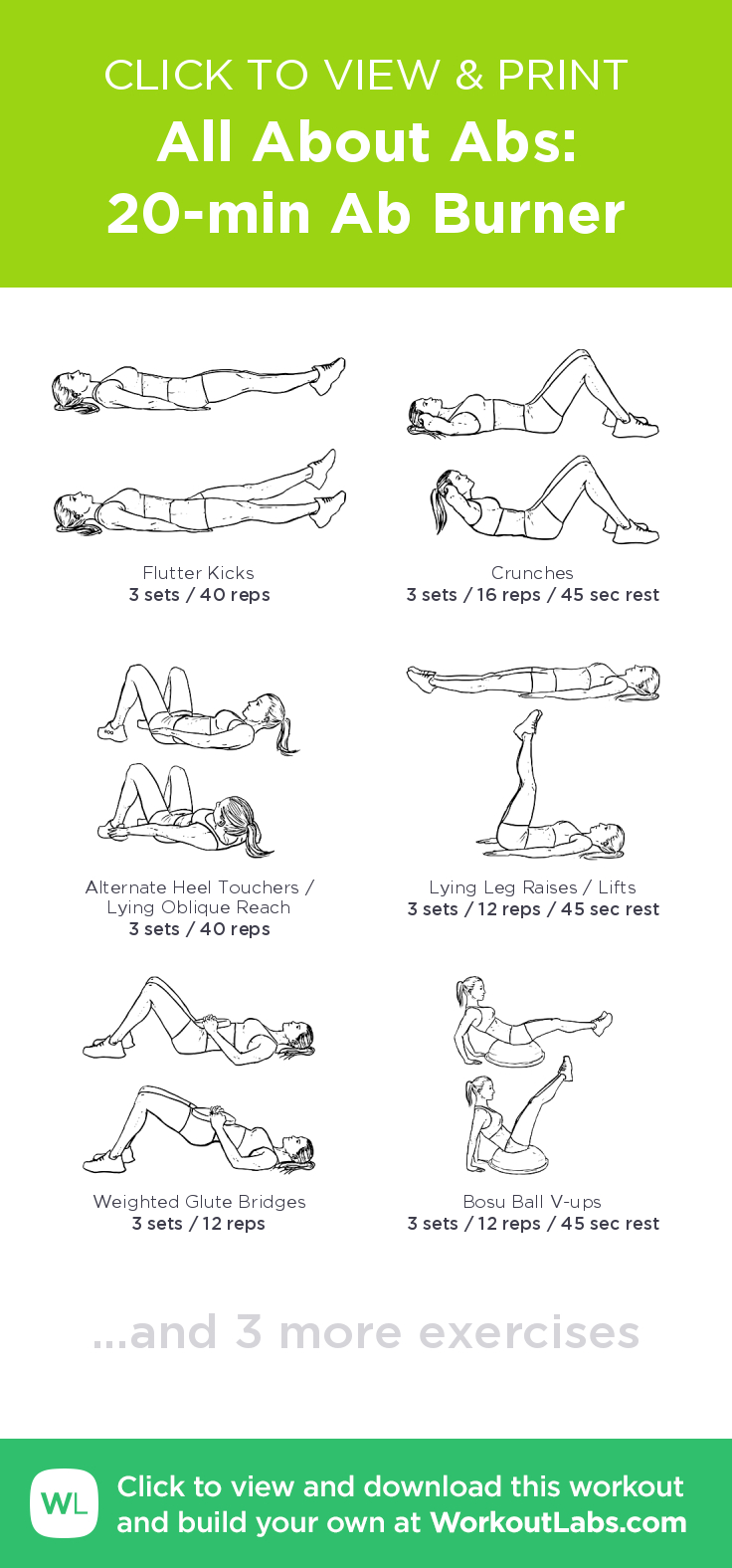 All About Abs: 20-Min Ab Burner – Click To View And Print This - Free Printable Gym Workout Routines