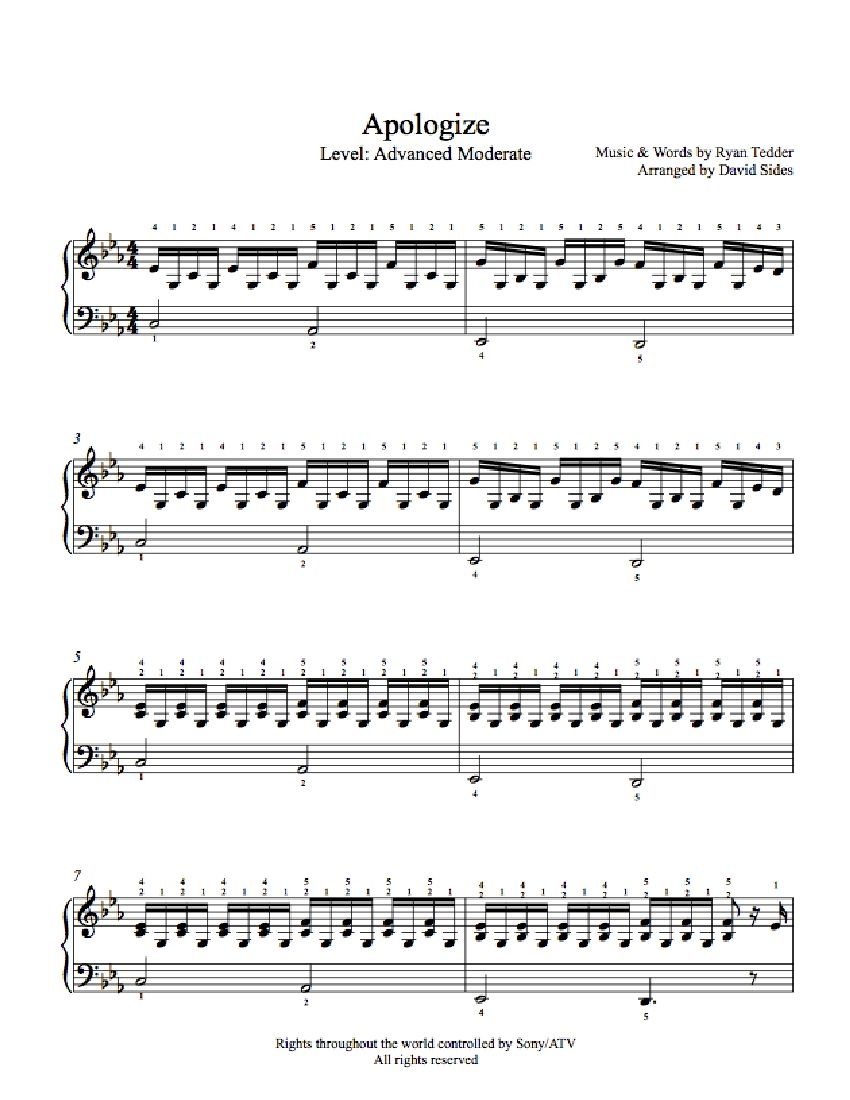 Apologizeone Republic Piano Sheet Music | Advanced Level - Apologize Piano Sheet Music Free Printable