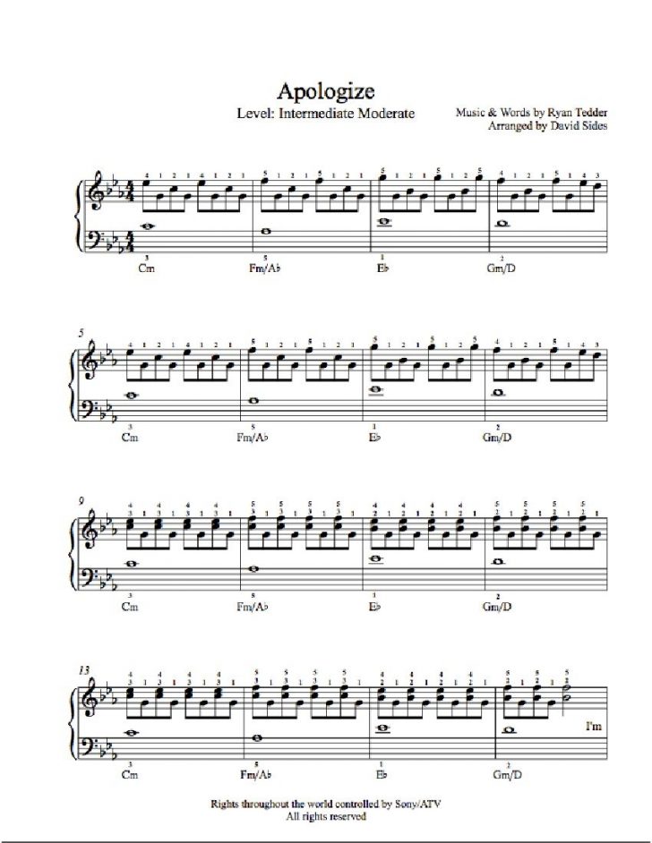 Apologize Piano Sheet Music Free Printable