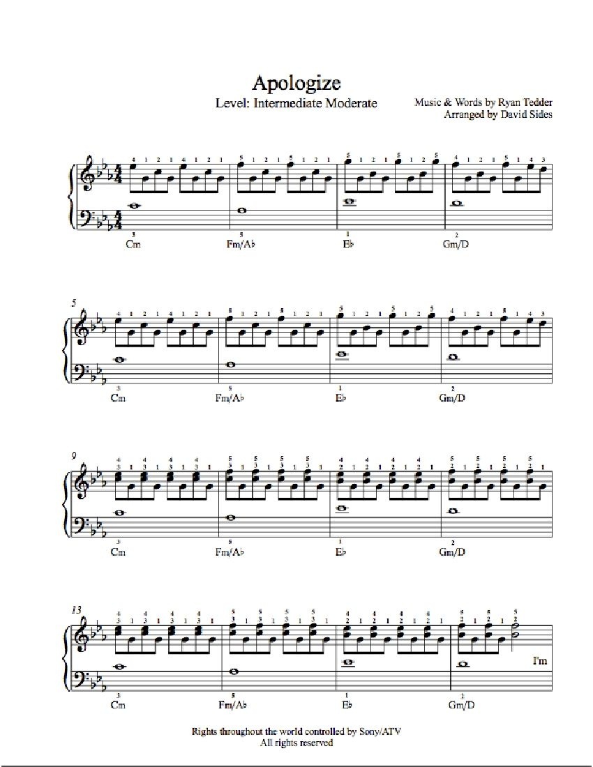Apologizeone Republic Piano Sheet Music | Intermediate Level - Apologize Piano Sheet Music Free Printable