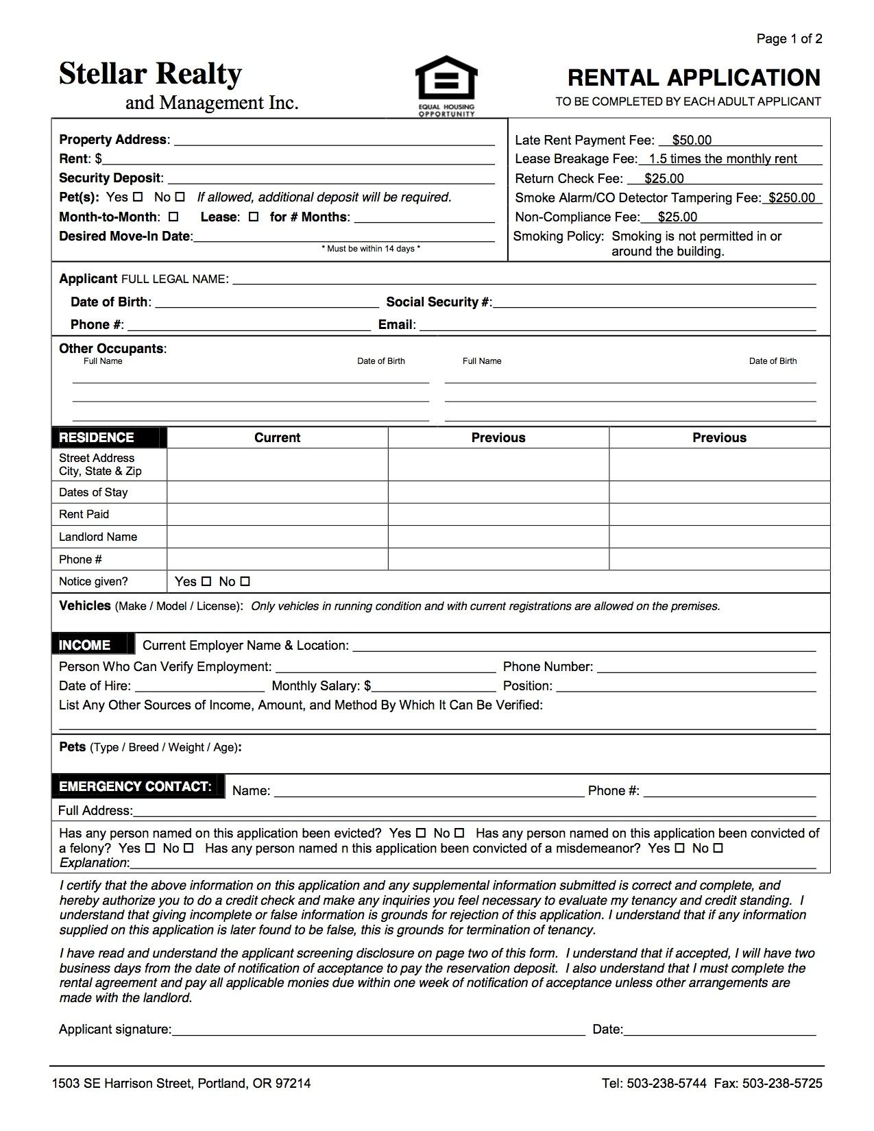 Printable Rental Application Form