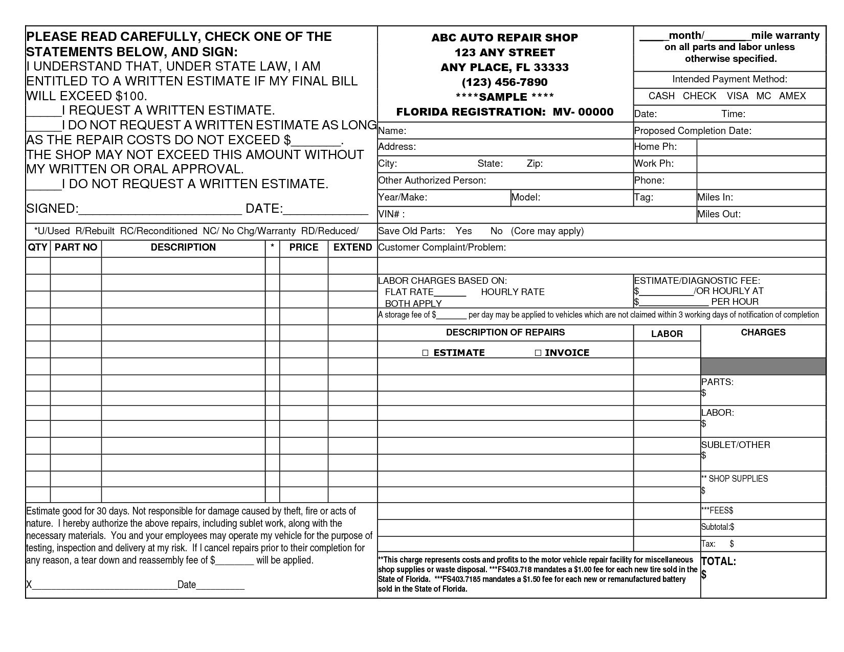 free printable auto repair invoice template free printable