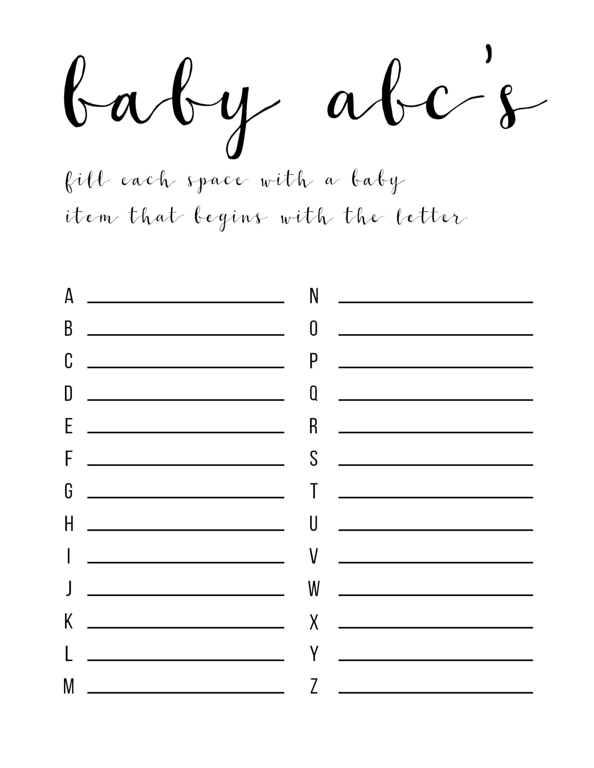 Baby Shower Games Ideas {Abc Game Free Printable} - Paper Trail Design - Free Baby Shower Games Printable Worksheets