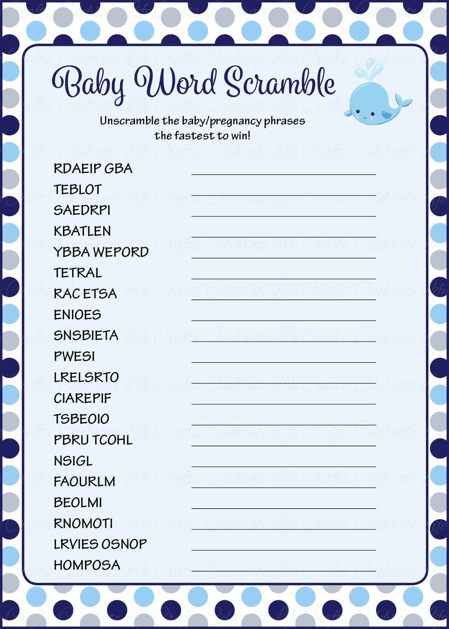 Baby Word Scramble - Printable Download - Navy Gray Whale Baby - Free Printable Baby Shower Word Scramble