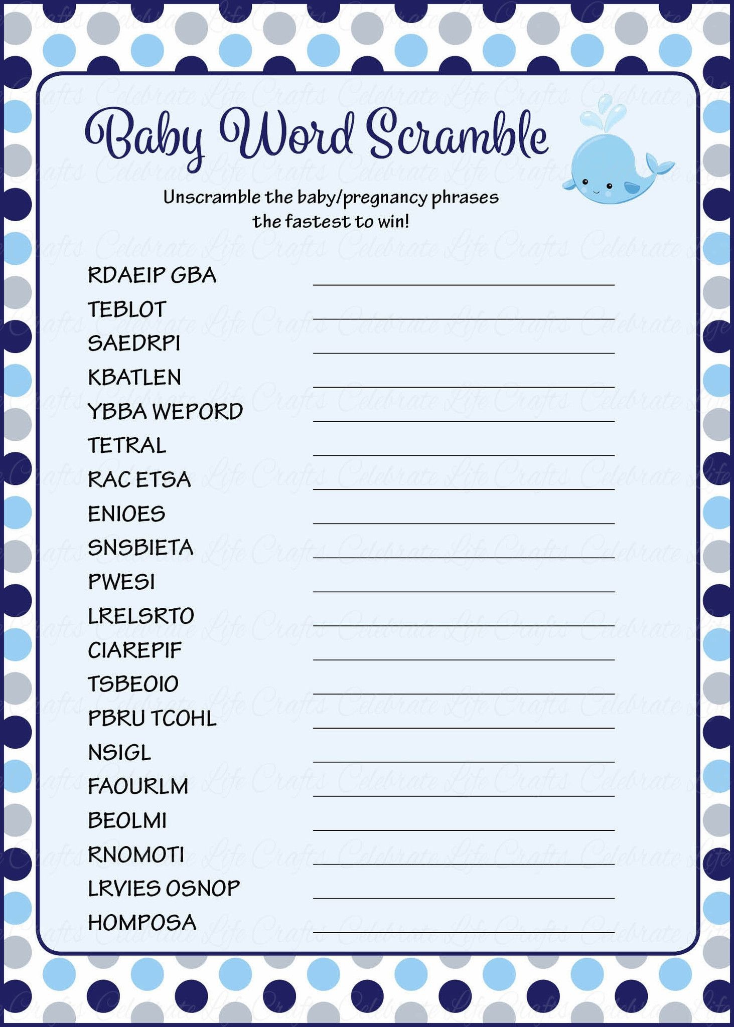 Baby Word Scramble - Printable Download - Navy Gray Whale Baby - Unscramble Word Games Printable Free