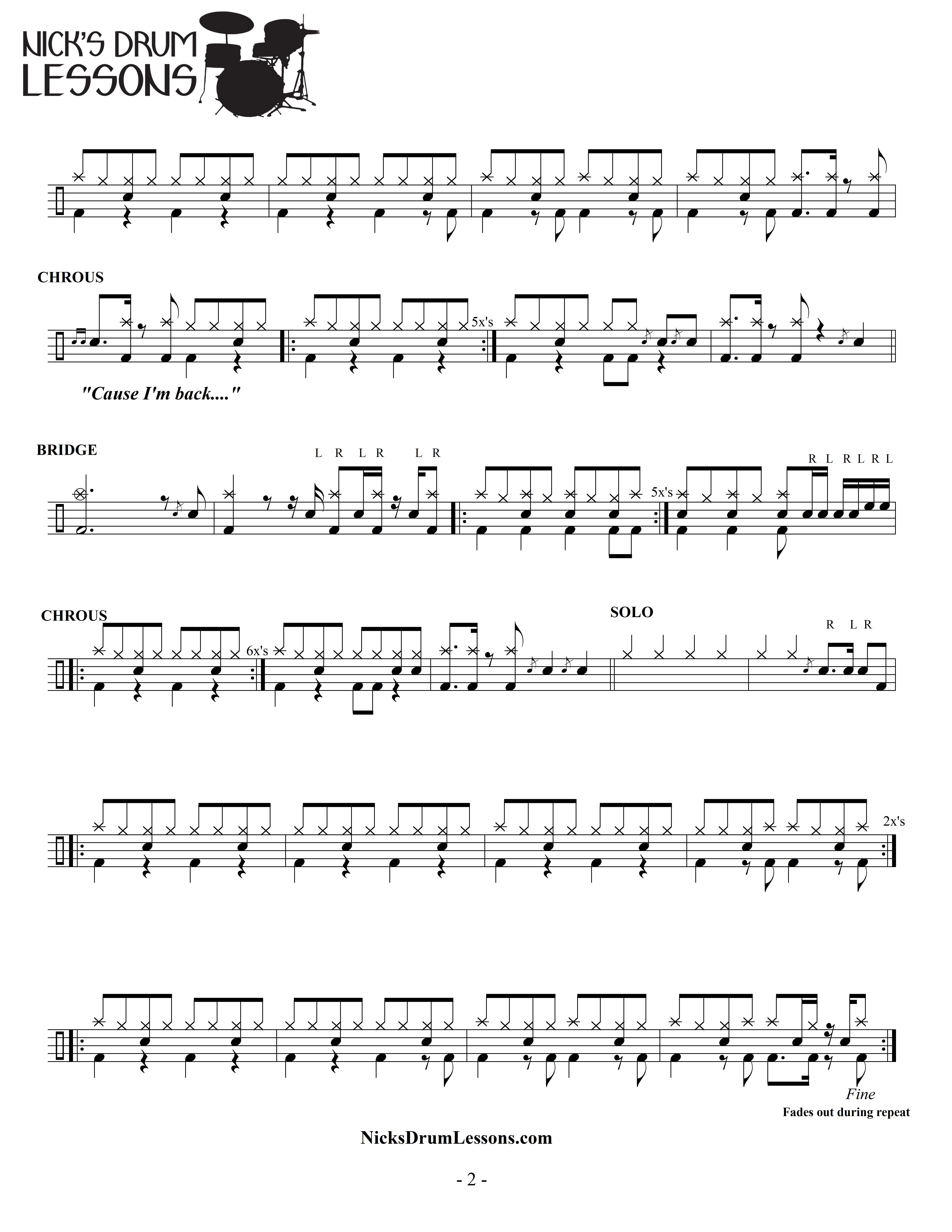 Back In Black&amp;quot; Ac/dc - Drum Sheet Music - Nick&amp;#039;s Drum Lessons - Free Printable Drum Sheet Music