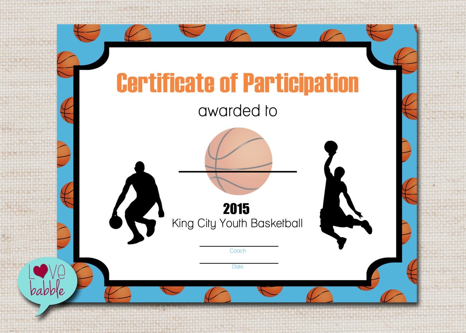 Basketball Sports Award Certificate 8.5 X 11 Printable Digital File - Basketball Participation Certificate Free Printable