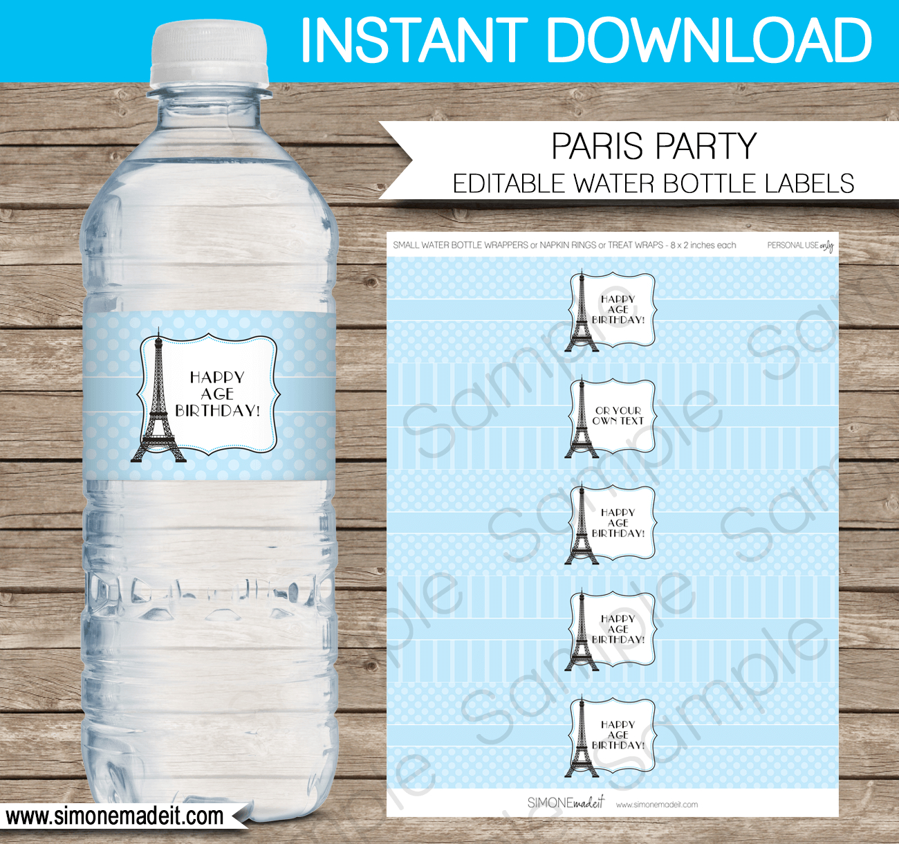 Blue Paris Water Bottle Labels | Part Decorations - Free Printable Paris Water Bottle Labels