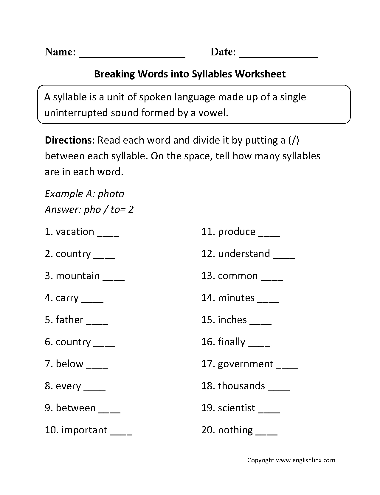 Breaking Words Into Syllables Worksheets | Worksheets | Syllable - Free Printable Open And Closed Syllable Worksheets