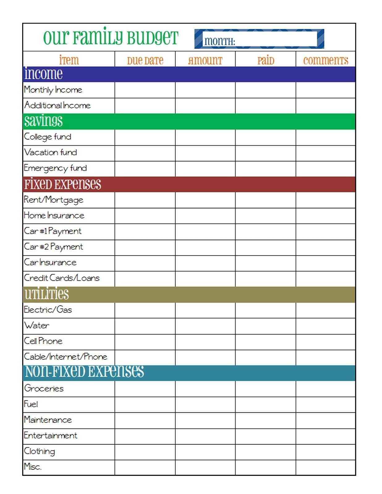 personal budget list