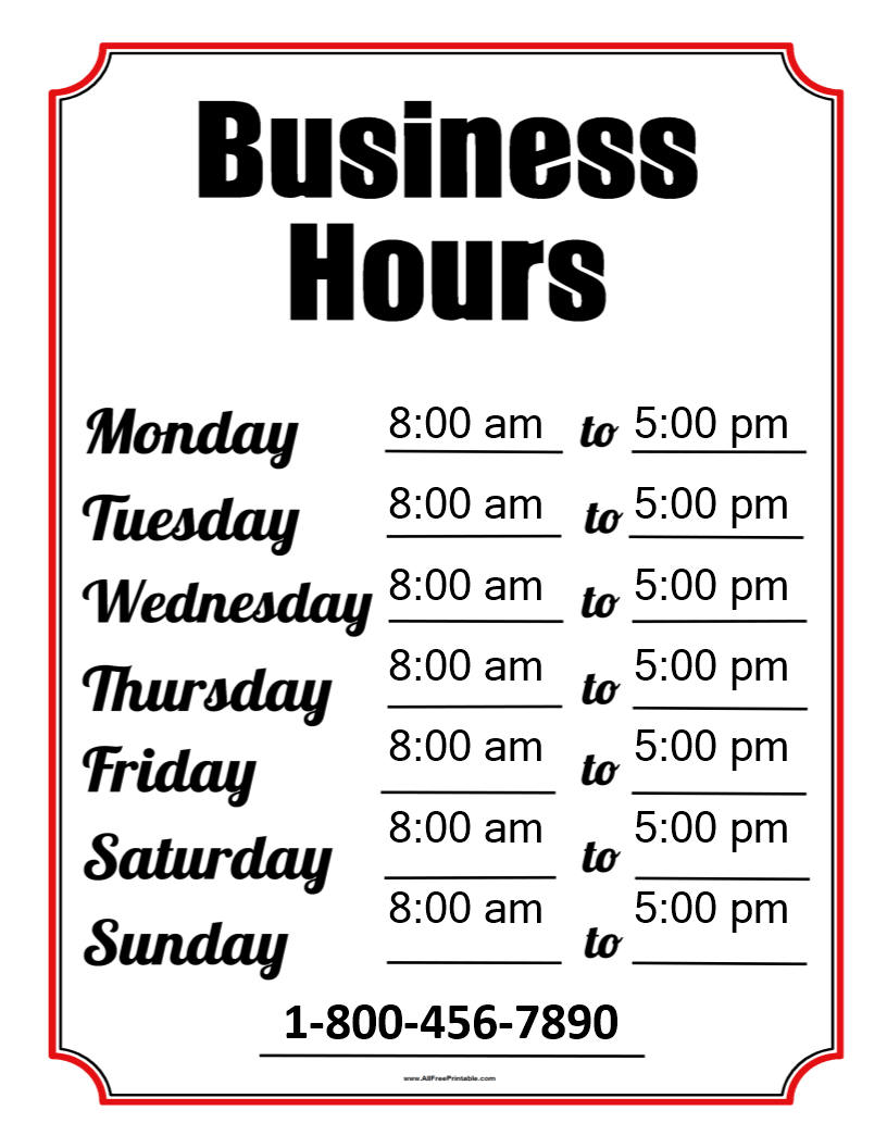 Business Hours Template | Templates At Allbusinesstemplates - Free Printable Business Hours Sign