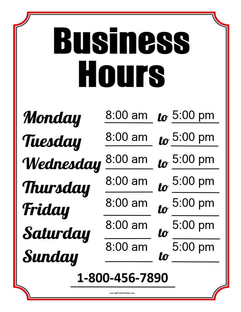 Free Printable Business Hours Template