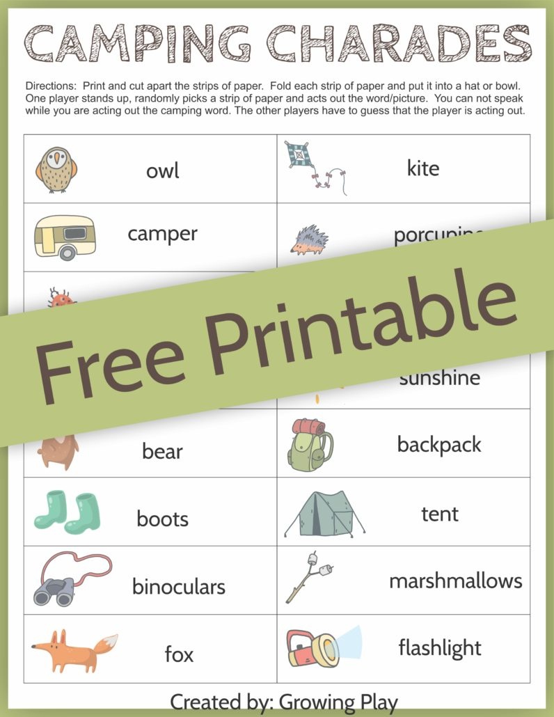 Camping Charades Game For Kids - Free Printable - Growing Play - Free Printable Charades Cards