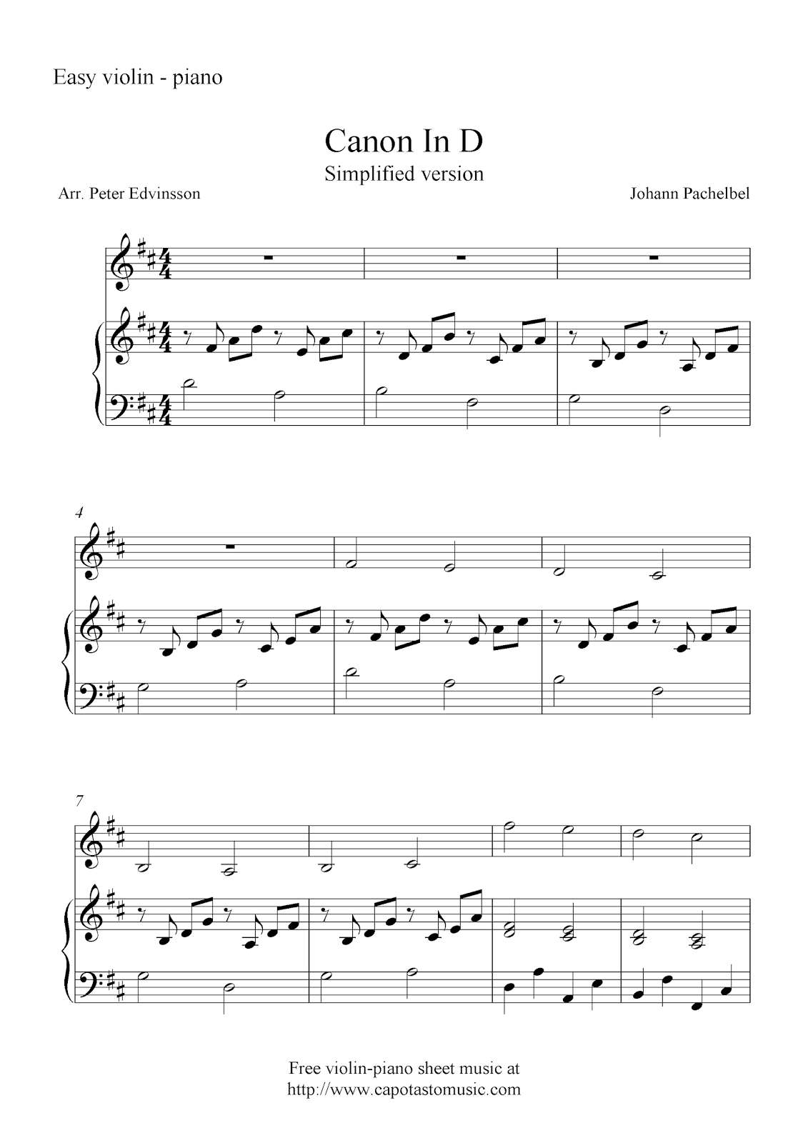 Canon In D (Simplified Version), Free Violin And Piano Sheet Music Notes - Canon In D Piano Sheet Music Free Printable