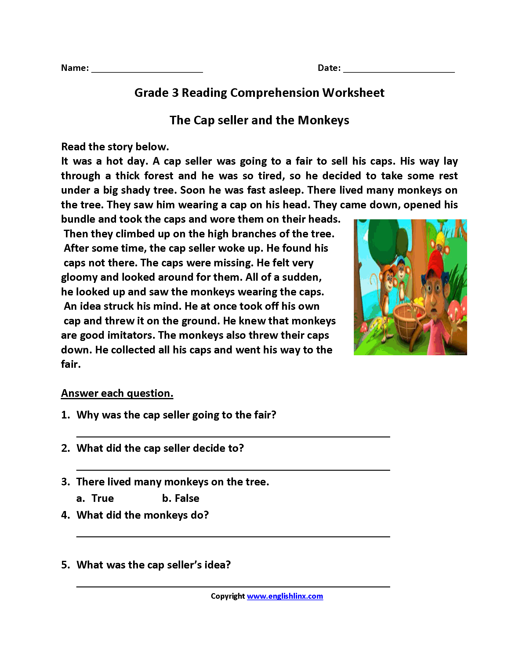 Cap Seller And Monkeys Third Grade Reading Worksheets | Desktop - Free Printable Reading Passages For 3Rd Grade